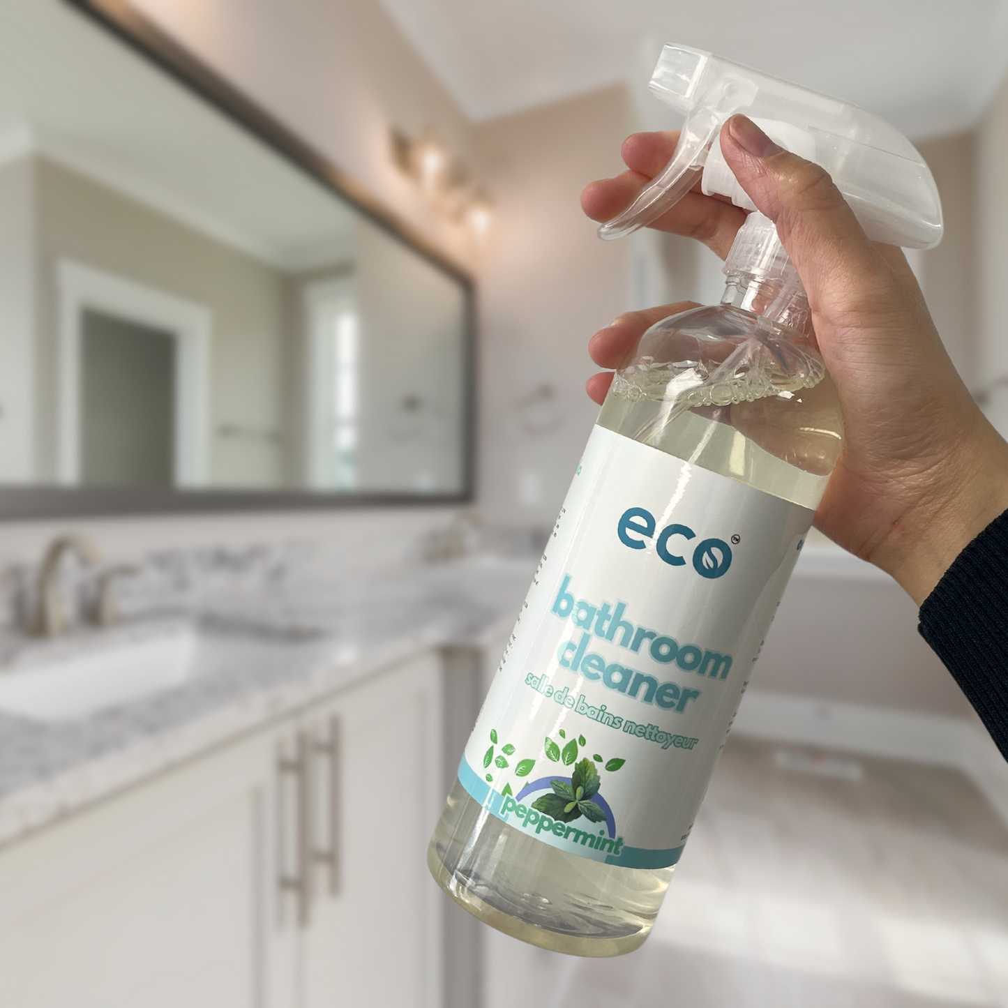 Cleaning the washroom with Eco Refillery's bathroom cleaner.