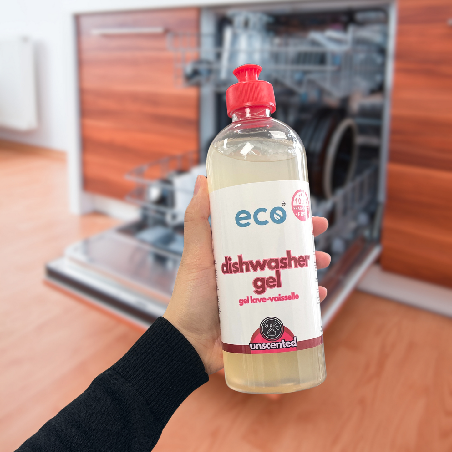 Eco Refillery's dishwasher gel in the kitchen, for an eco-friendly and plant-based home.