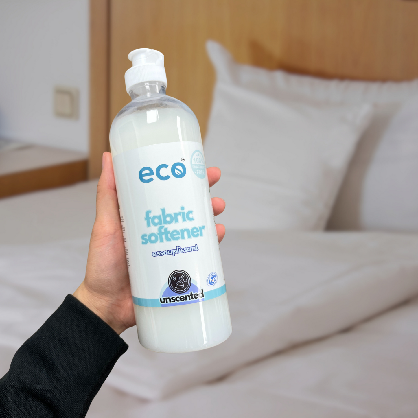 Eco Refillery's fabric softener by fresh bed sheets.