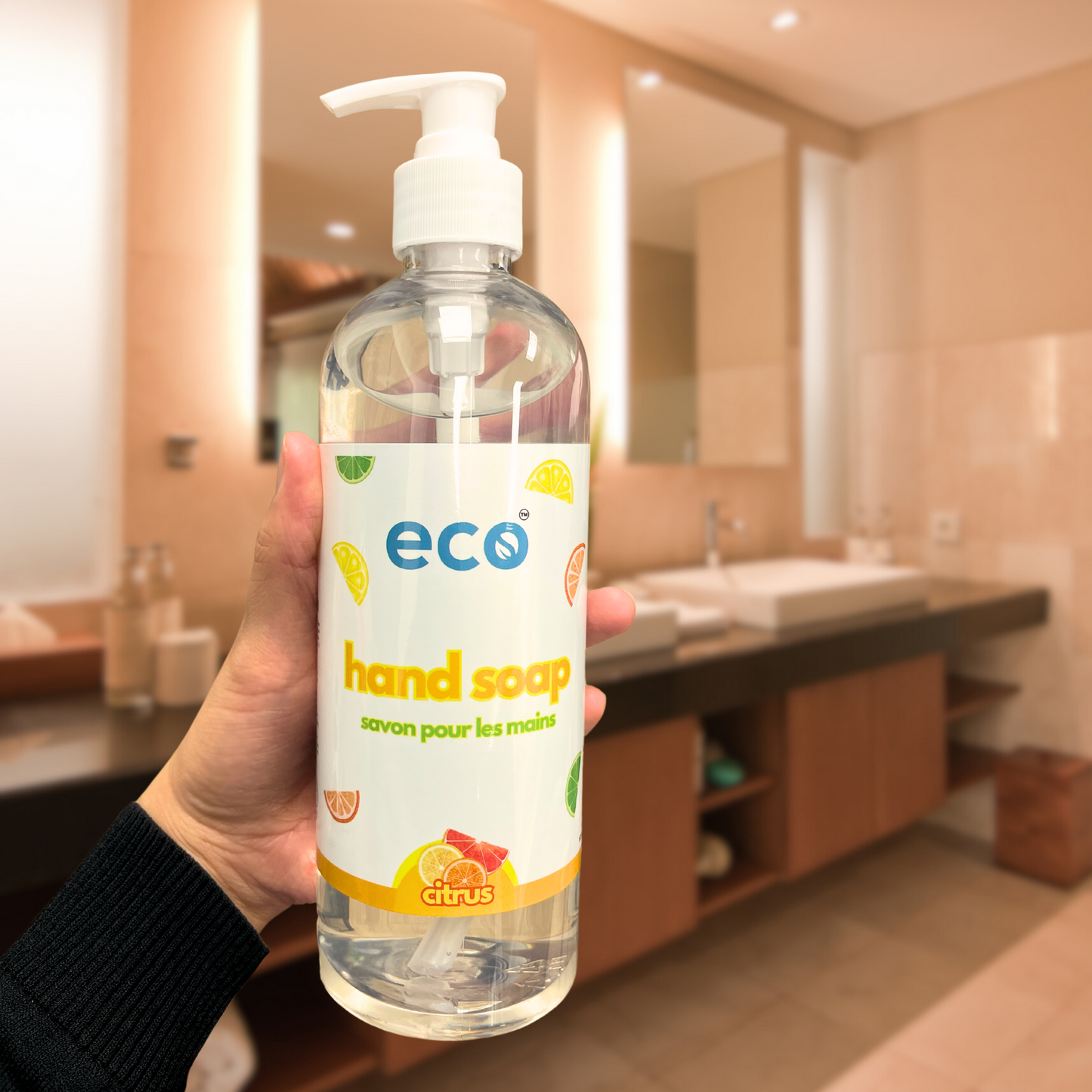 Eco Refillery's hand soap in the washroom, for an eco-friendly and plant-based home.