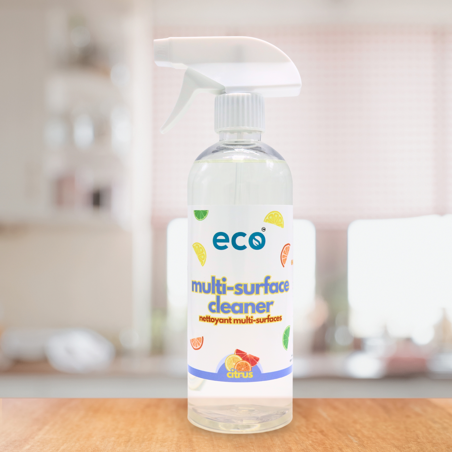 Eco Refillery's multi-surface cleaner on the counter, for an eco-friendly and plant-based home.