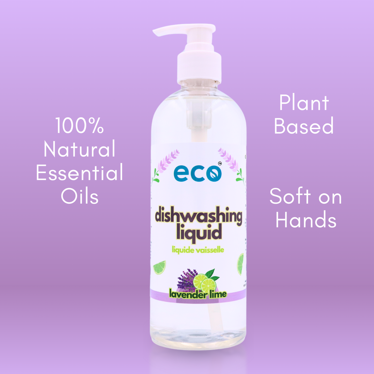Infographic - Eco Company's dish soap is scented with 100% natural essential oils, is plant based, and is soft on the hands.
