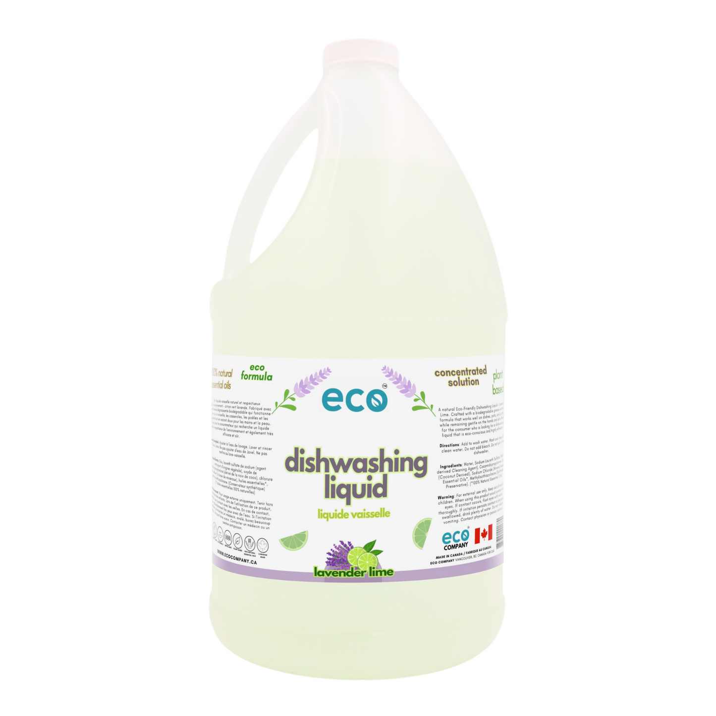Eco-friendly dish soap lavender lime in a 4 liter jug for wholesale, perfect for customers to bulk up on dishwashing soap and refill their own bottles.