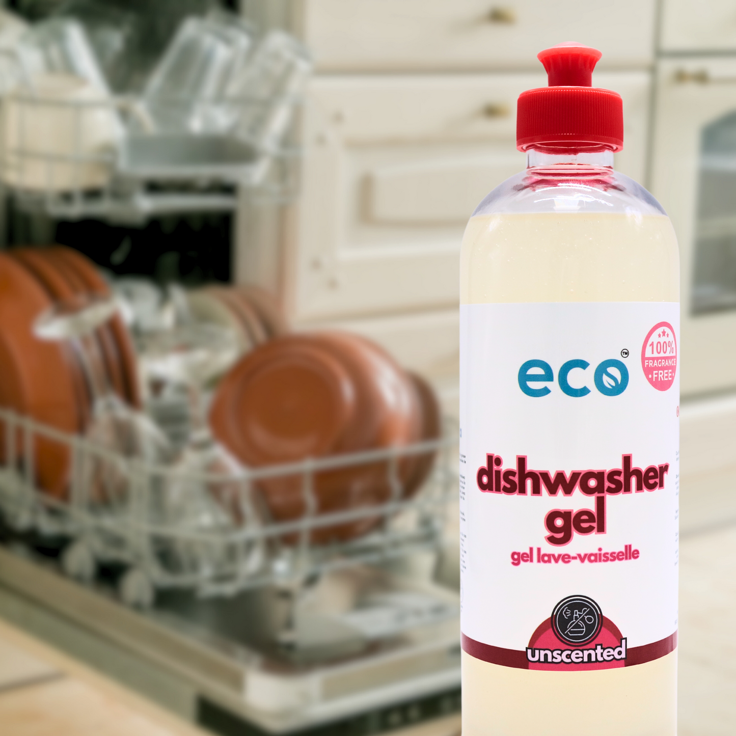 Dishwasher of clean dishes with Eco Refillery's dishwasher gel.