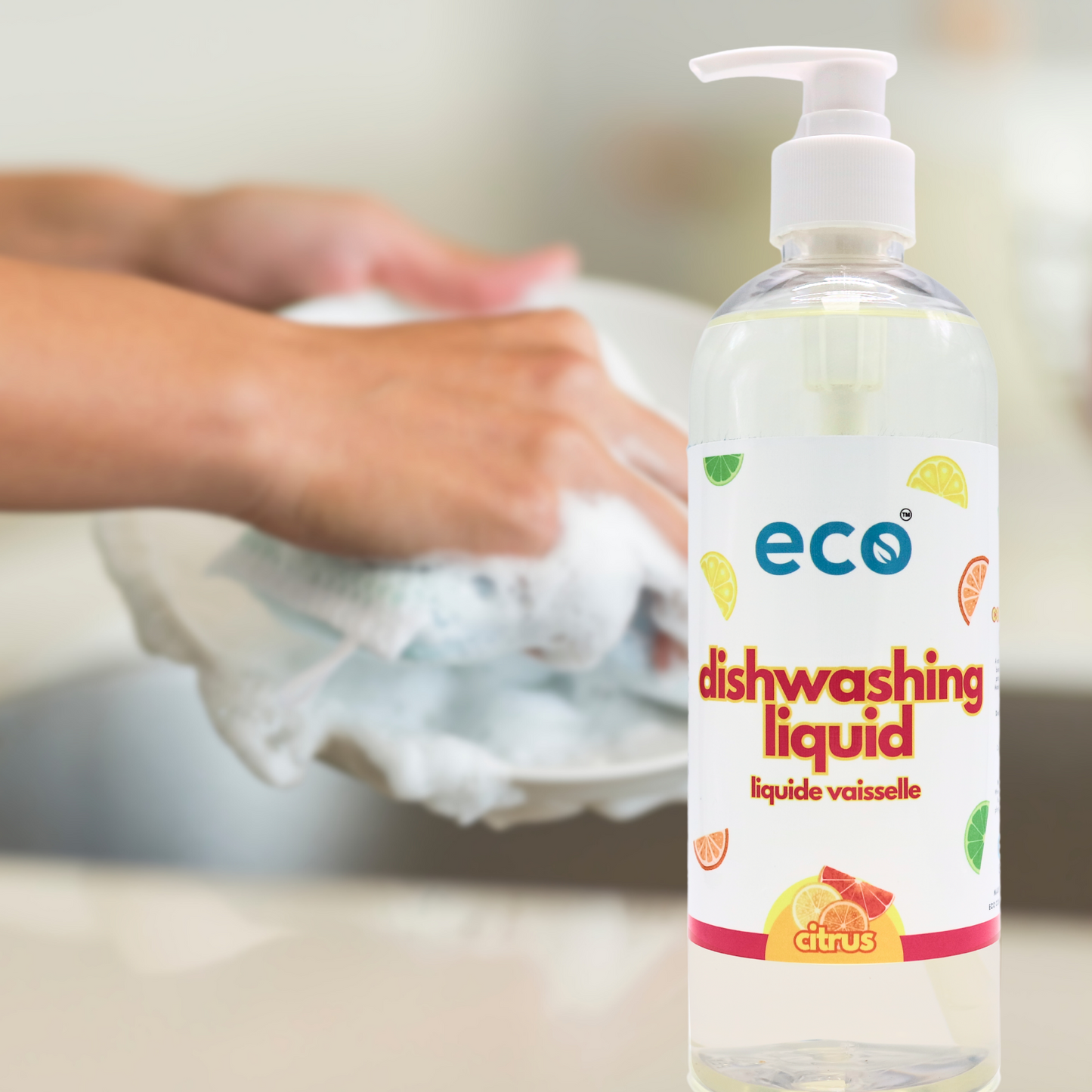 Person using Eco Refillery's dish soap.