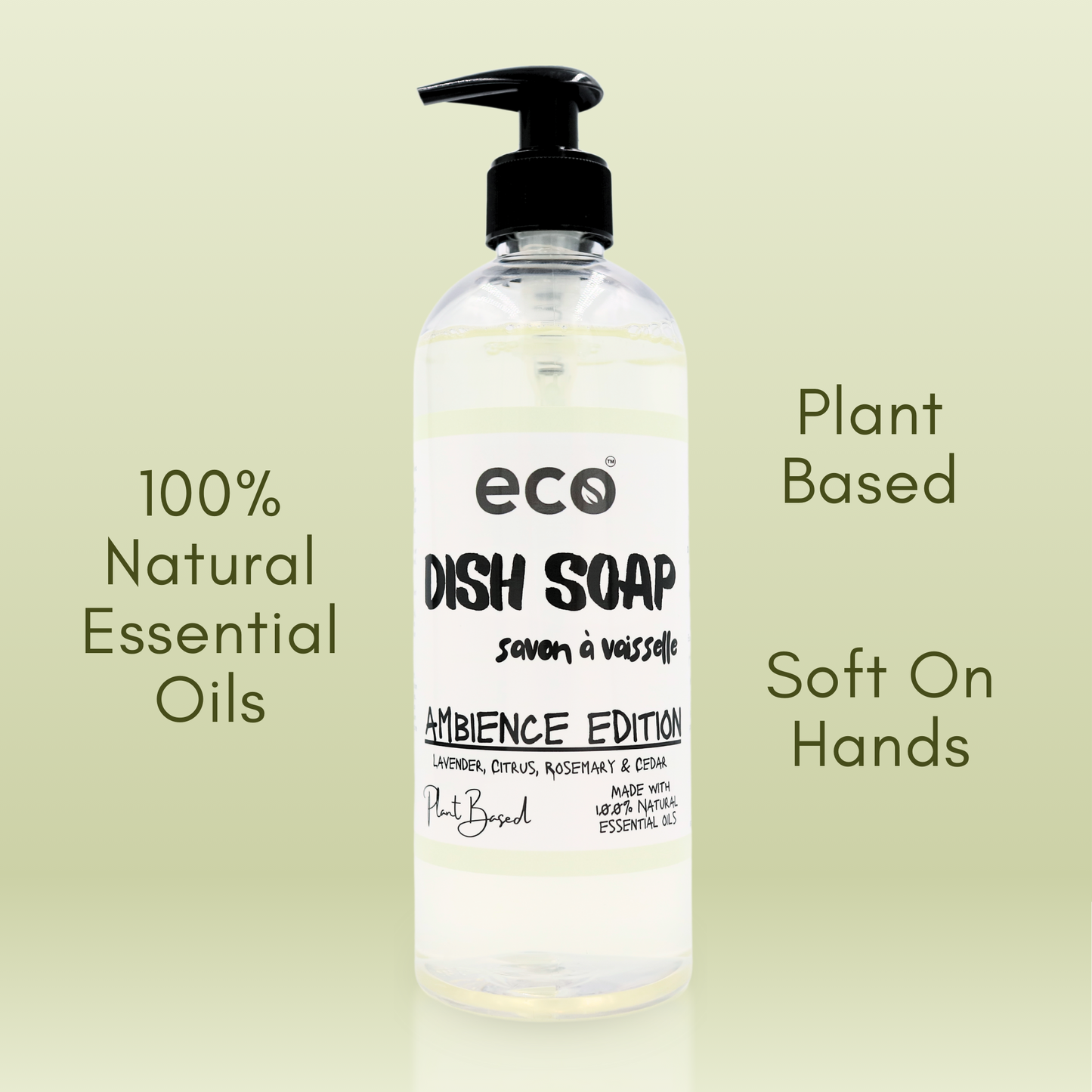 Eco Refillery's bulk dish soap is scented with 100% natural essential oils, is plant-based, and is soft on hands.