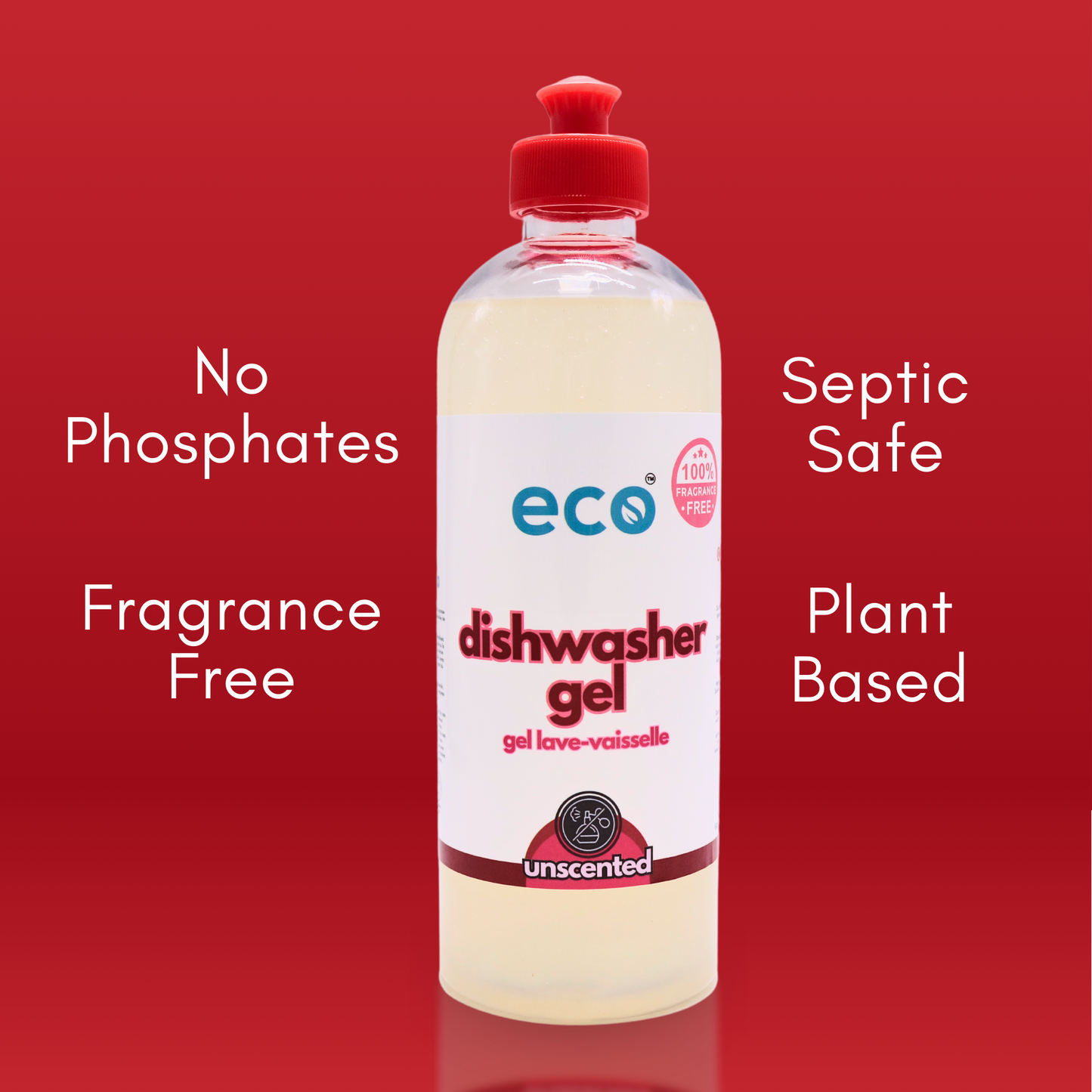 Eco Refillery's bulk dishwasher gel is fragrance-free, is plant-based, has no phosphates, and is septic safe.