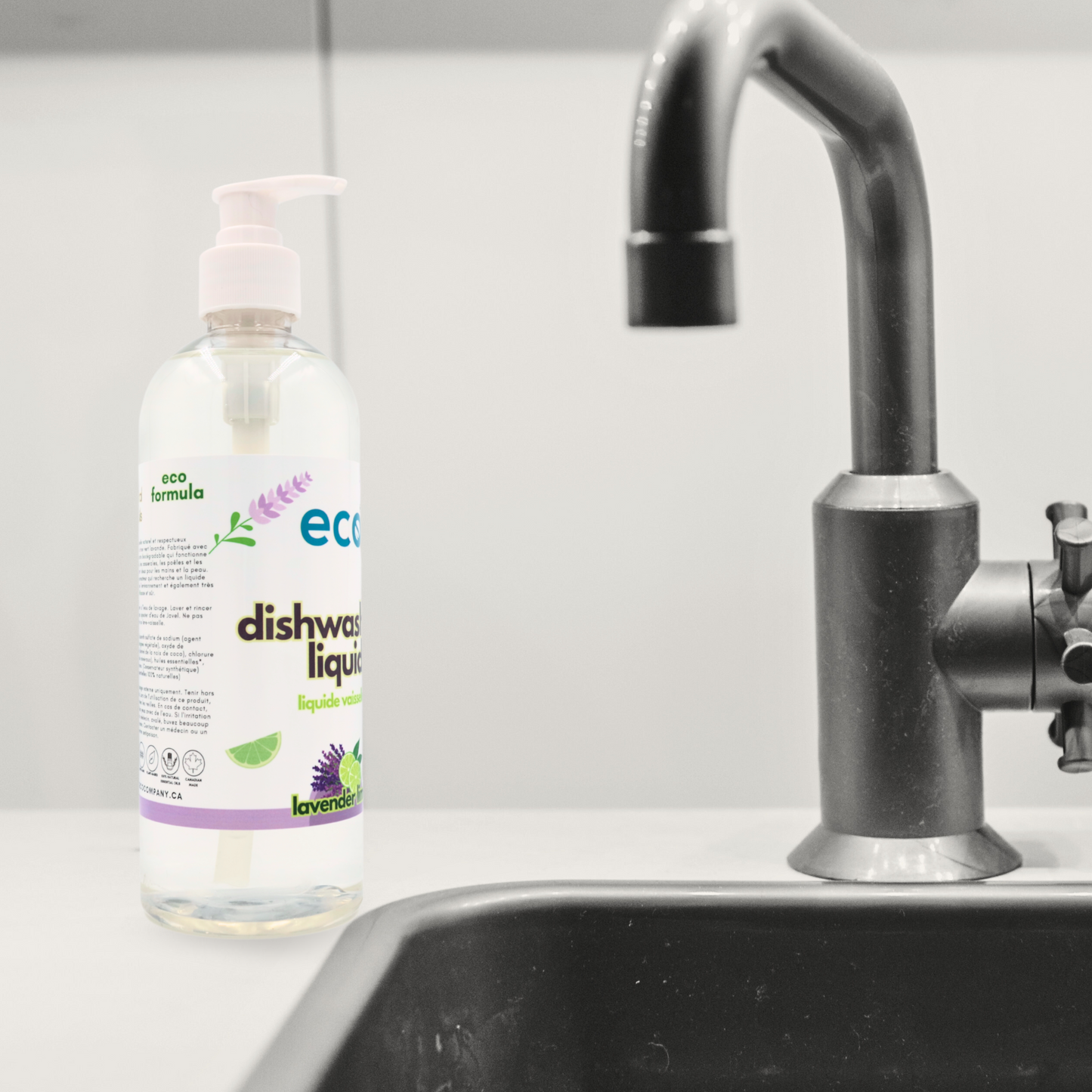 Eco Company dish soap by the sink for an sustainable dishwashing routine.