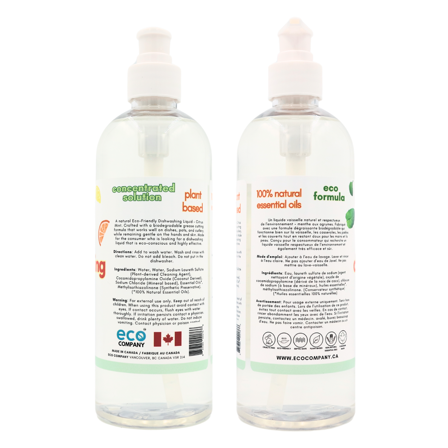 Side view of Eco Company dish soap label with ingredient list and directions.