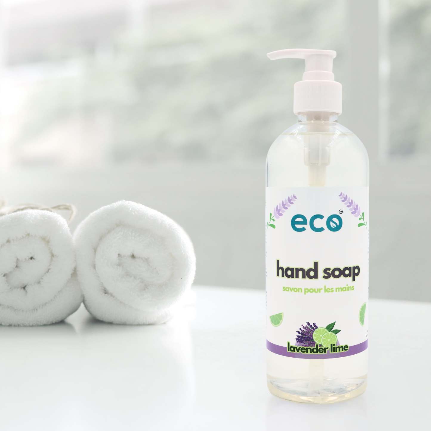 Eco hand soap in the washroom, for a plant-based home.