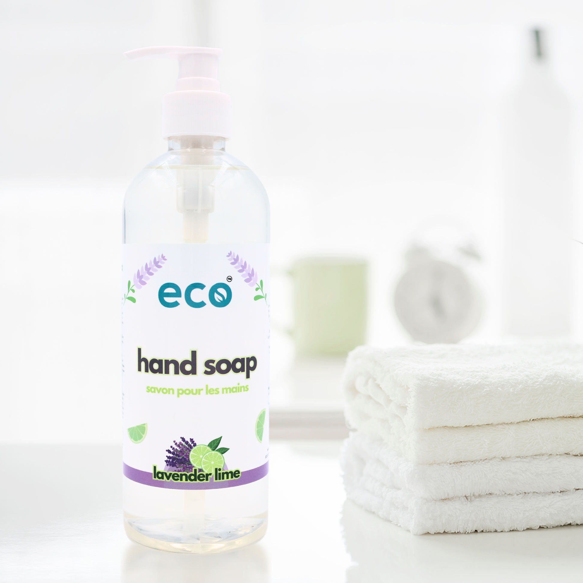 Eco hand soap on the counter, for an eco-friendly home.