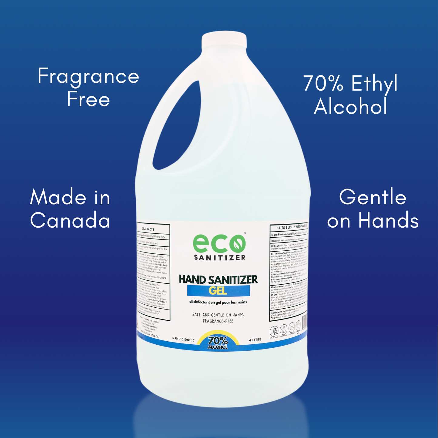 Eco Sanitizer's hand sanitizer gel is made of 70% ethyl alcohol (food grade), is made in Canada, is fragrance free, and is gentle on the hands.