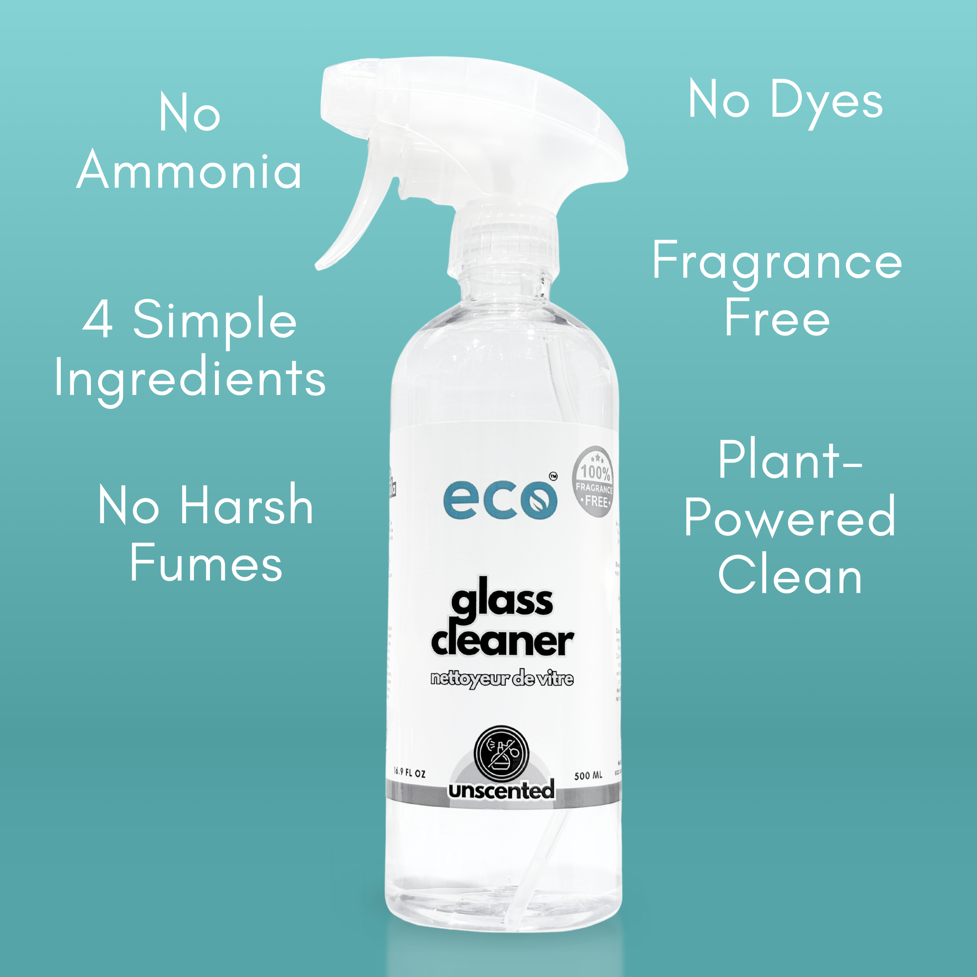 Eco Company's unscented glass cleaner is fragrance-free, has 4 simple ingredients, leaves no harsh fumes, has no ammonia, and provides a plant-powered clean.