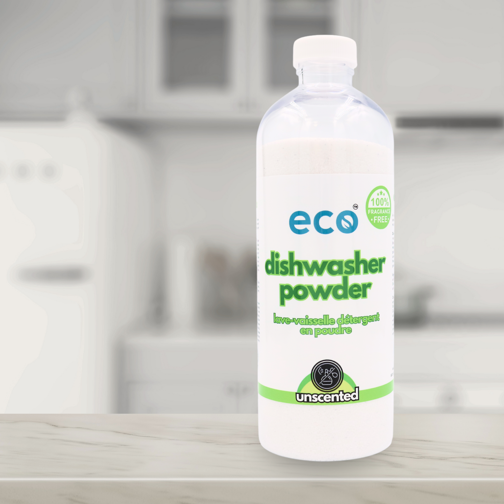 Eco Refillery's dishwasher powder in the kitchen, for an eco-friendly and plant-based home.