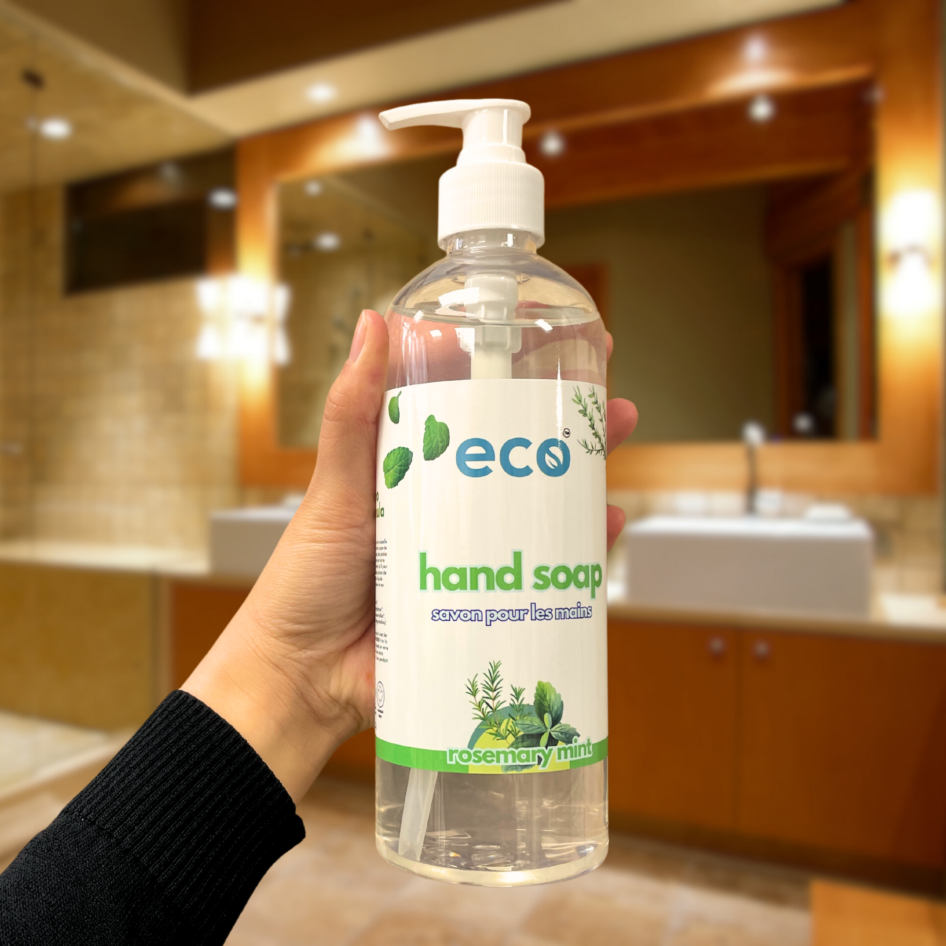 Eco Refillery's rosemary mint hand soap in a washroom.