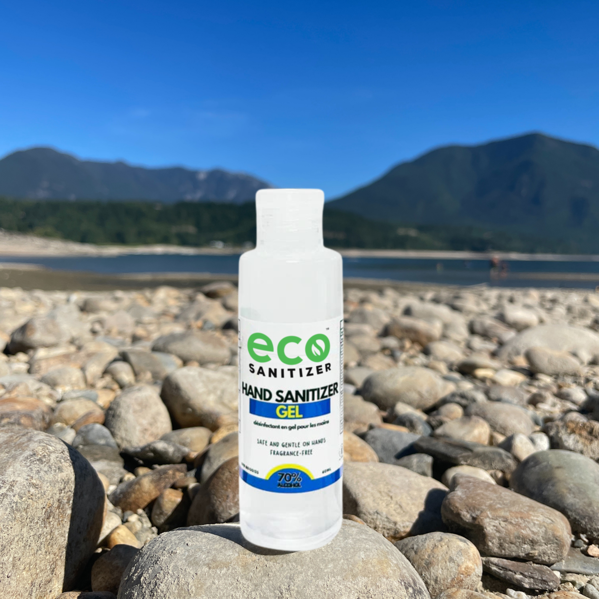 Eco Sanitizer mini hand sanitizer gel by the water side.