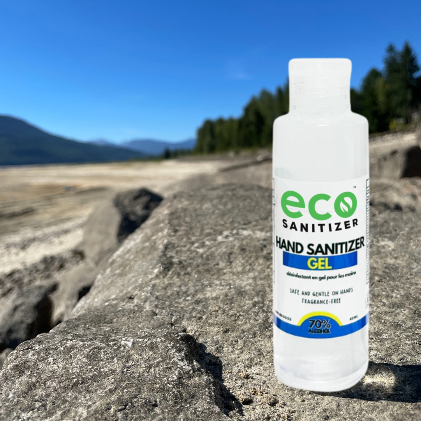 Eco Sanitizer mini hand sanitizer gel by the mountains.