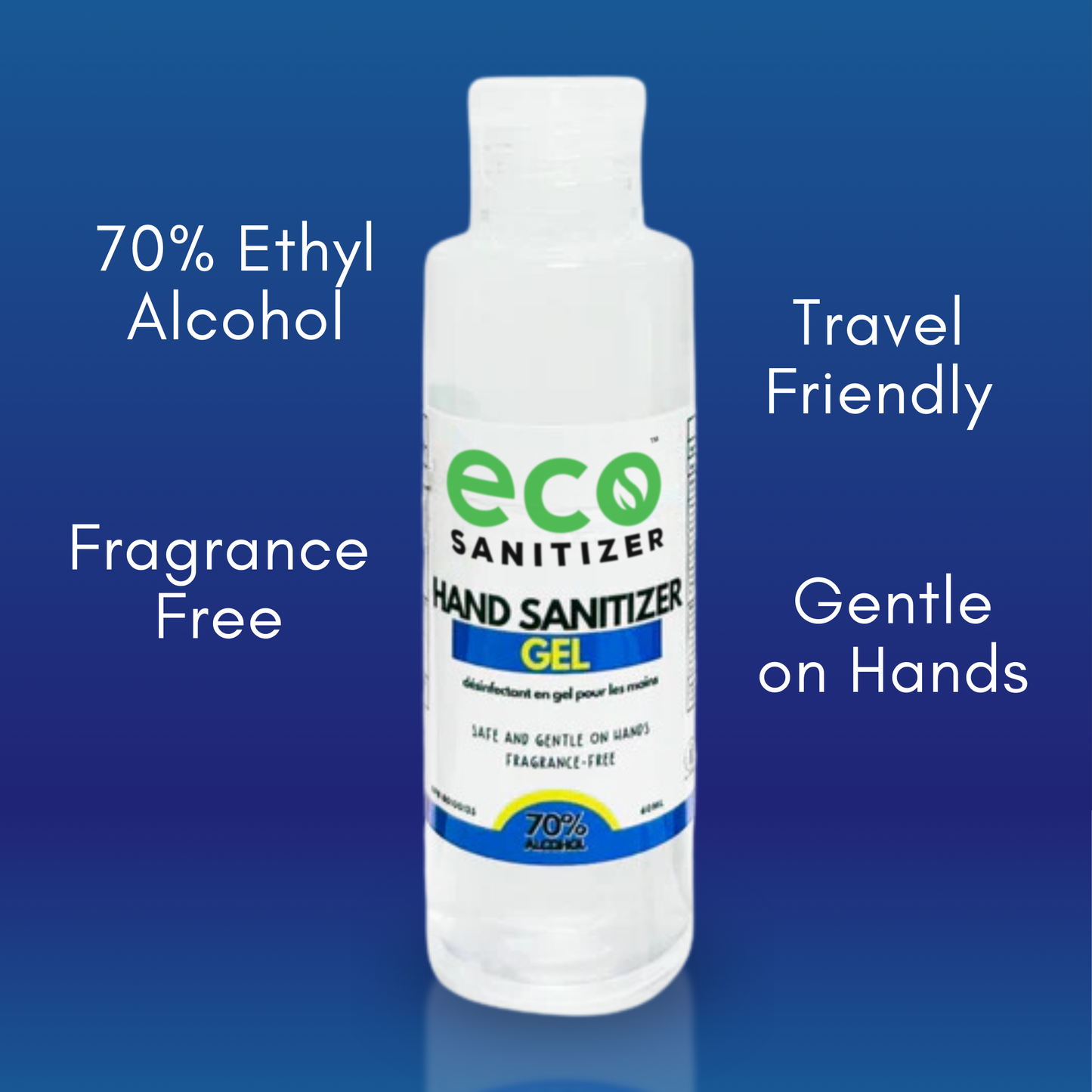 Eco Sanitizer's hand sanitizer gel is made with 70% food grade ethyl alcohol, is fragrance free, is gentle on the hands, and is travel friendly.