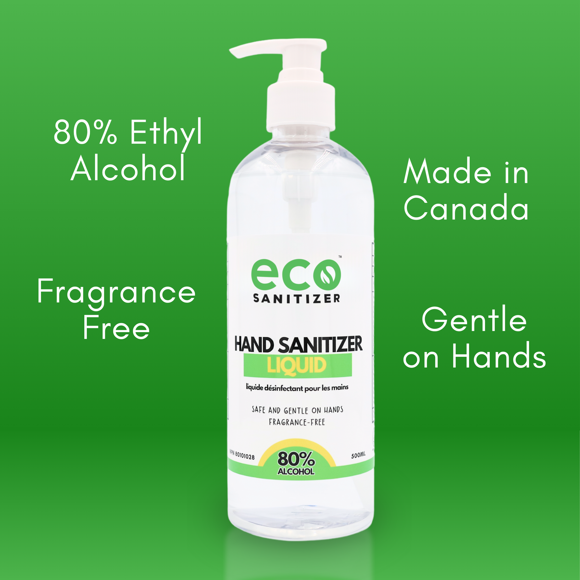 Eco Sanitizer's hand sanitizer liquid is made of 80% ethyl alcohol (food grade), is made in Canada, is fragrance free, and is gentle on the hands.