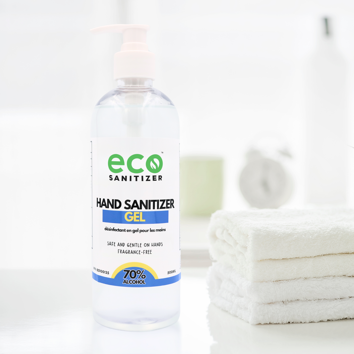 A small bottle of Eco Sanitizer's hand sanitizer gel in a washroom.