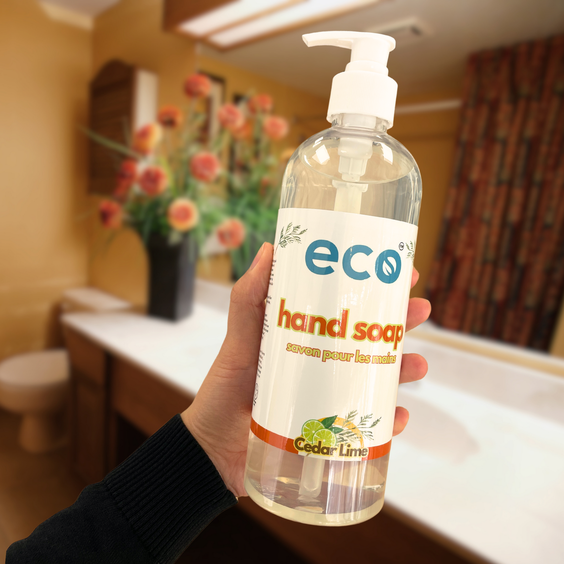 Eco Refillery's cedar lime hand soap in a washroom.