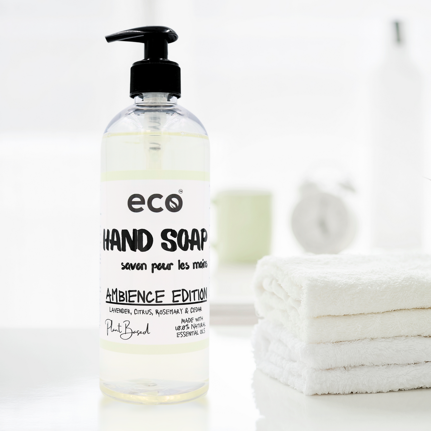 Eco Refillery's hand soap in the washroom, for an eco-friendly and plant-based home.