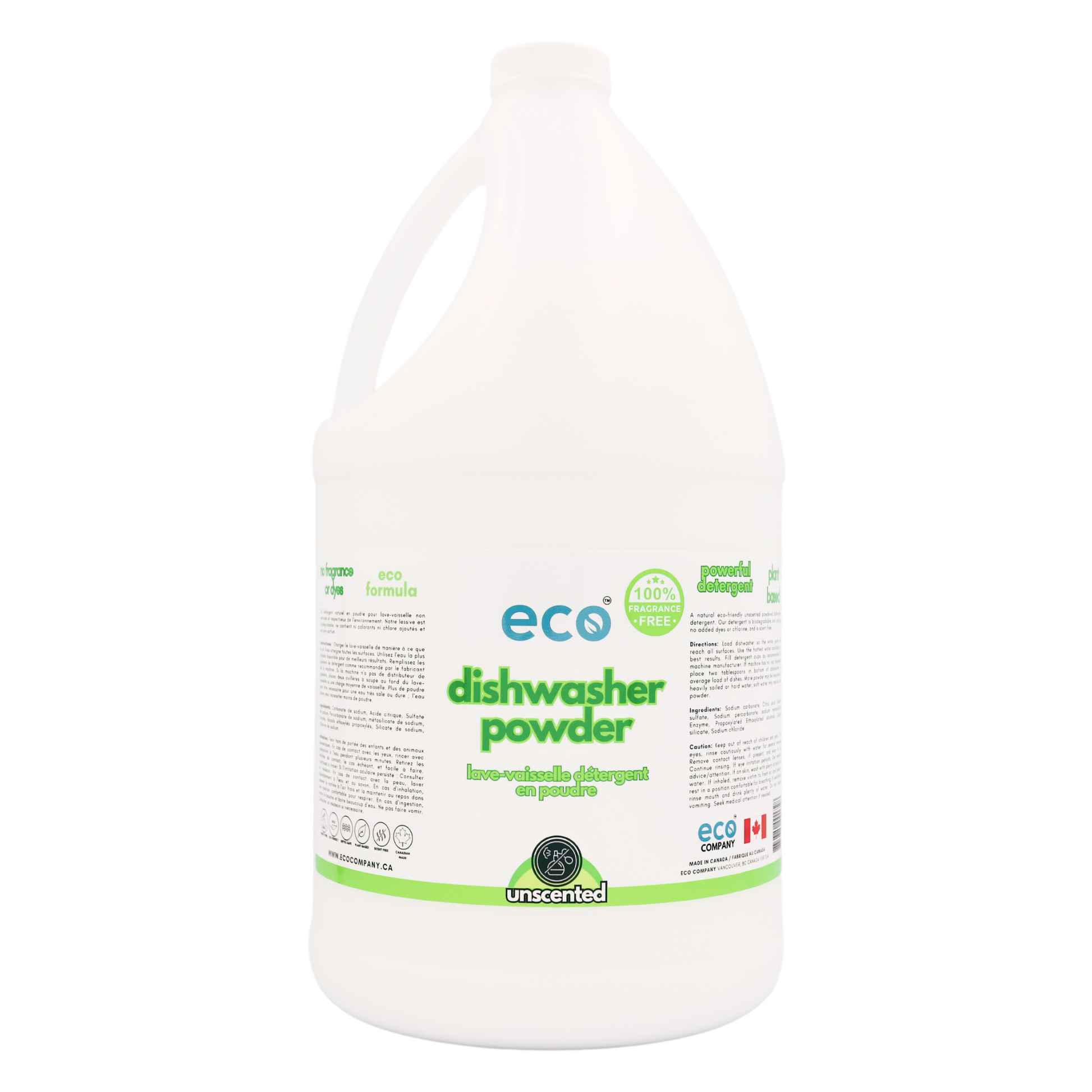 Eco Refillery's dishwasher powder in a refillable 4L jug.