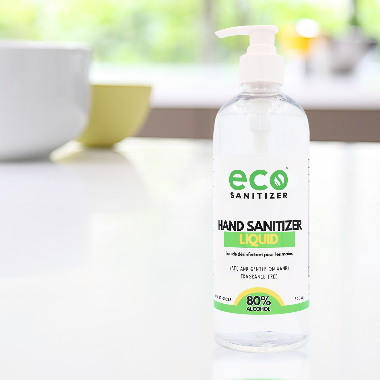 Small bottle of Eco Sanitizer's hand sanitizer liquid.