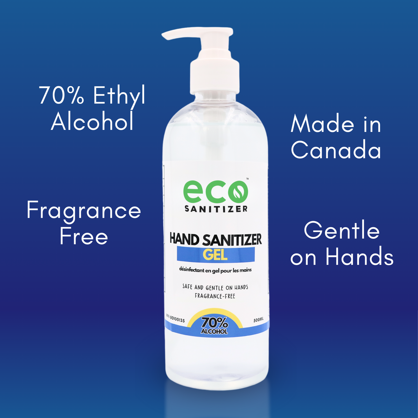 Eco Sanitizer's hand sanitizer gel is made of 70% ethyl alcohol (food grade), is made in Canada, is fragrance free, and is gentle on the hands.