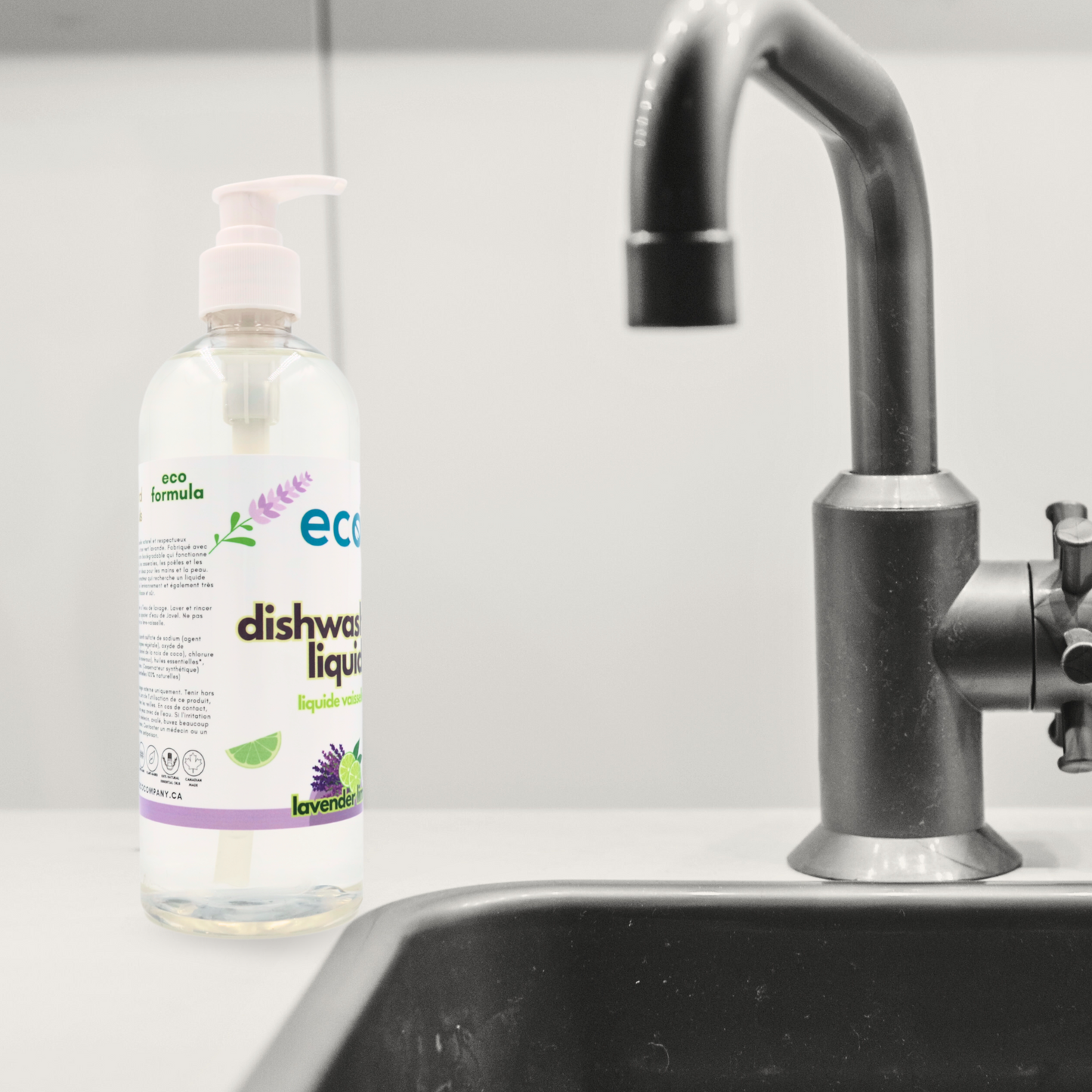 Eco Company dish soap by the sink for an sustainable dishwashing routine. 