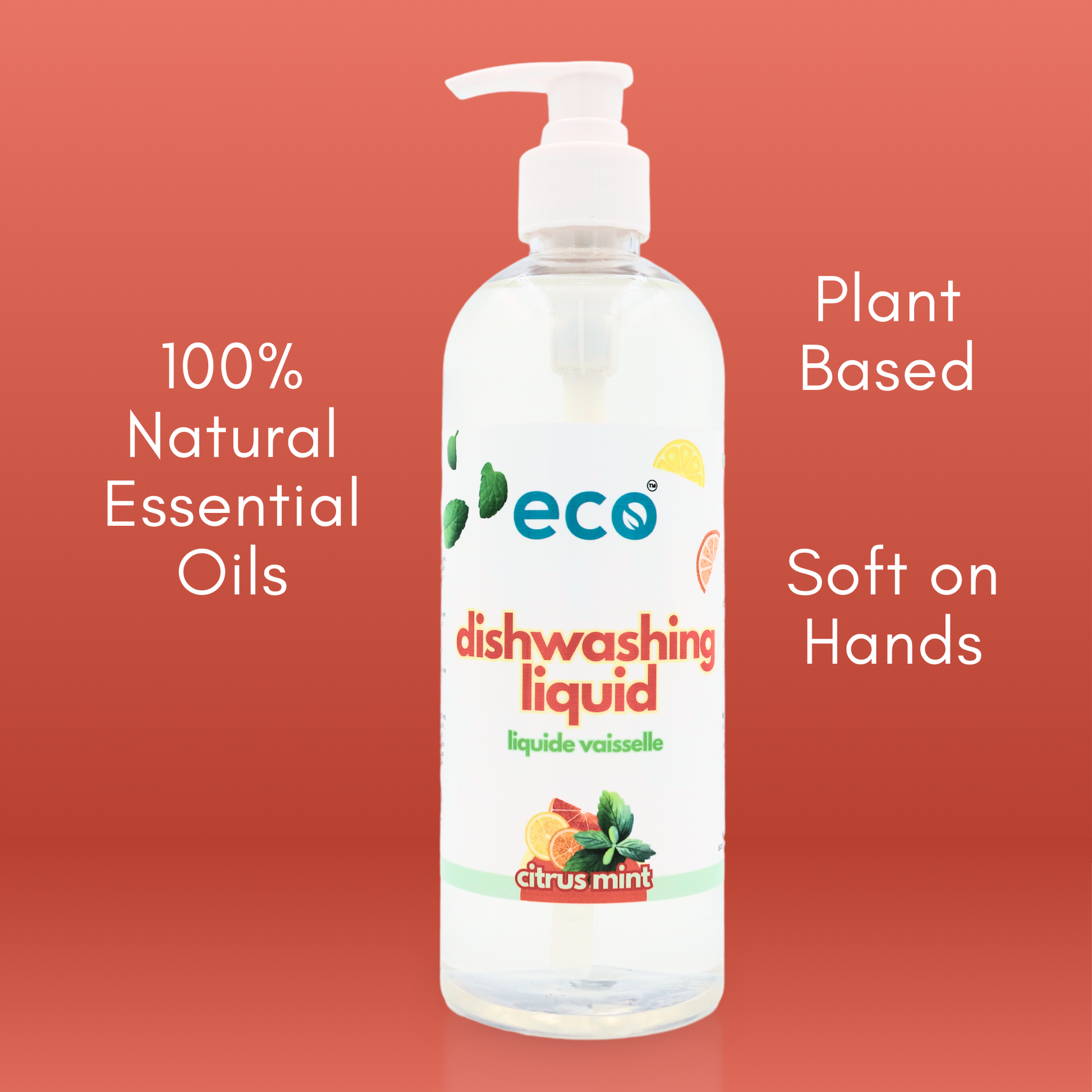 Eco Company's dish soap is scented with 100% natural essential oils, is plant-based, and is soft on the hands.